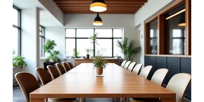 Bright cafe space with a long table, ideal for a workshop or meeting.