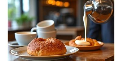 Close-up of pastries and coffee on a table in the cafe setting.