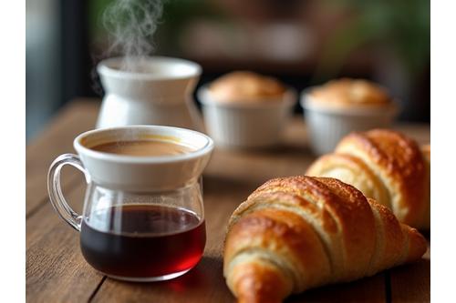 Close-up of artisan coffee and freshly baked pastries on a catering table.
