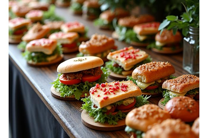 An elegant catering spread with gourmet sandwiches, salads, and pastries.