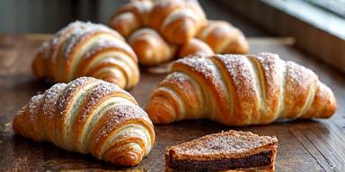 Selection of freshly baked croissants and pastries on a wooden table